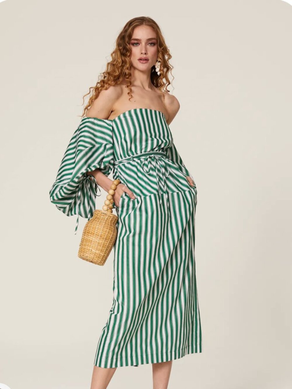 Rosie Assoulin Balloon-Sleeved Striped Cotton Strapless Midi Dress - Picture 3 of 8